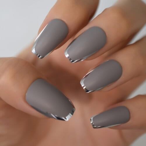 Gray Artificial Matte False Nail Set Full Cover Medium Long Silver Edge Frosted Grey Press On Fake Nails Art Tip With Jelly Glue