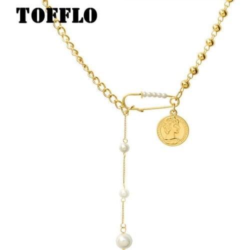 TOFFLO Stainless Steel Jewelry Pin Coin Pearl Necklace Women Fashion Multi Element Clavicle Chain BSP653
