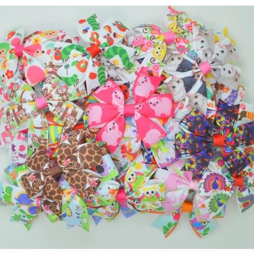 SUPWRF 1 PCS 3.1" Inch Cartoon Animal Bows Clips Girls hair bow Headware Kids Hair Accessories Printed grosgrain Ribbon T0929