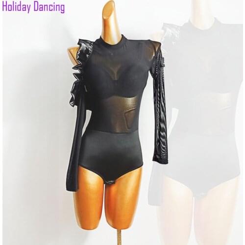 Long Sleeve One Side Bare Shoulder Women Latin Dance Bodysuit Latin Dancing Tops Practise Tango Chacha Dancing Performamnce W551