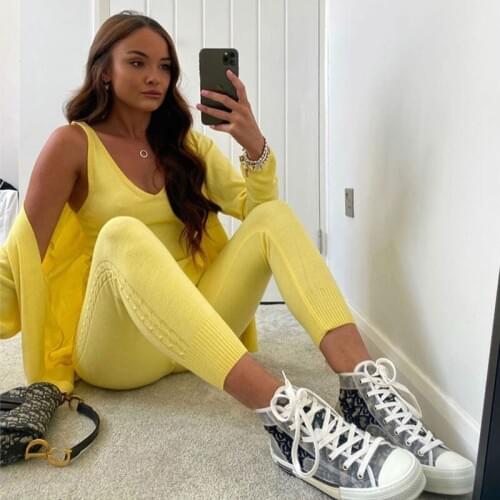 Knitted 3 piece women lounge wear sets cardigan ladies jumper outfits autumn knit tracksuit woman new casual 3 pcs matching sets