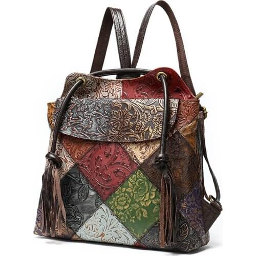 Elegant Vintage Splicing Cowhide Shoulder Bags for Women Exquisite Embroidery Pattern Quality Leather Backpack Female B392