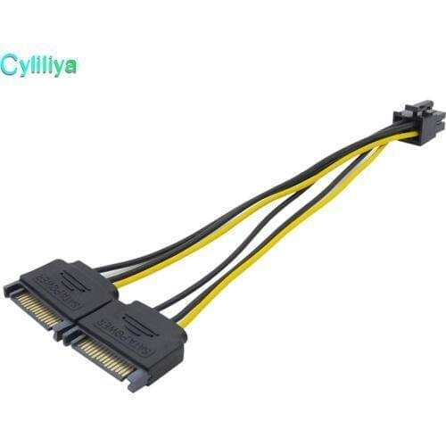100pcs/lot Dual 15 Pin 2 SATA To 6 Pin PCI EXPRESS PCI-E Sata Graphics Converter Adapter Video Card Power SATA Cable cord