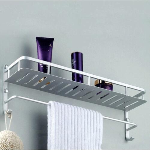 50cm Aluminum Single Tier Bath Wall Shelf Towel Washing Shower Basket Bar Shelves With Hooks Bathroom Accessories Storage 802816