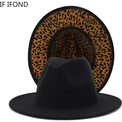 Unisex 2021 Wide Brim Leopard Black Patchwork Felt Jazz Fedora Hat Ladies Wool Party Trilby Hats British Style Panama Cap