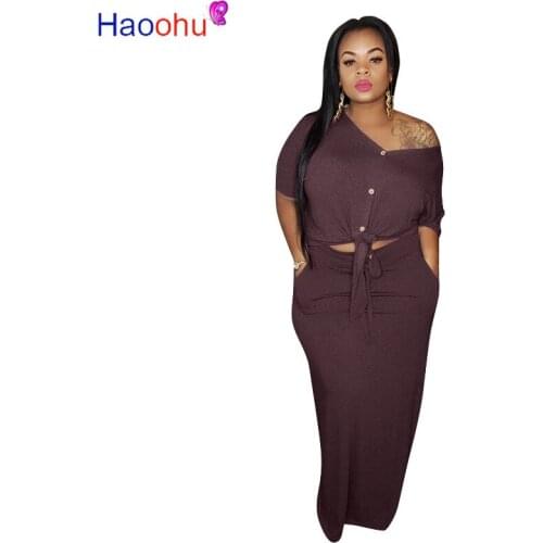 HAOOHU PLus Size L-4XL Women Summer Two Piece Set 2020 V-Neck Lady Top Tie Up Bodycon Skirt Suit Tracksuit Sexy Dress