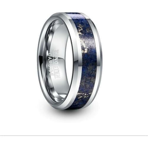 8mm Wide Tungsten Steel Mens Ring Tungsten Carbide Ring Wedding Engagement Steel Color Inlaid Lapis Punk Men Jewelry