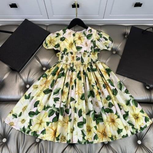 Girl flower print dress summer new puff short sleeve vintage brand princess dress children holiday dress girl dress wz156