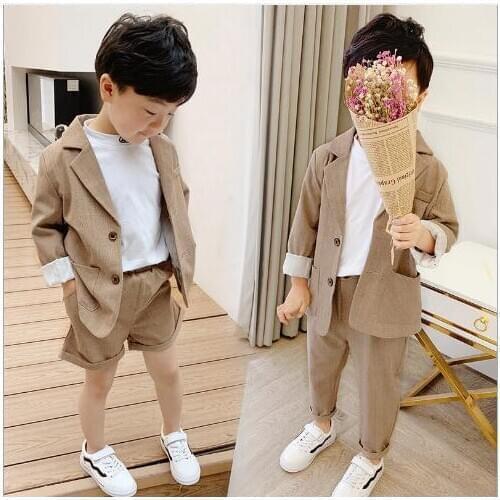 Summer Kids brown Wedding Boy/Girls Blazer Suit Brand Flower Boys Formal Tuxedos fashion School Suit Kids Clothing 2 pcs Set