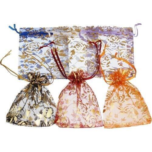 25pcs/lot 7x9/9x12cm Net Drawstring Flower Rose Pattern Organza Christmas Gift Bags Jewelry Packing Pouch Wedding Bags