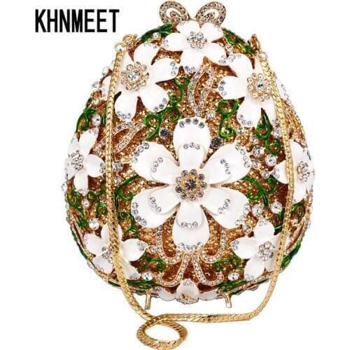 Newest Luxury Crystal White Flower chain evening bag Egg Shape Chain Day Clutches Handbags Women rhinestone Prom Purse SC629