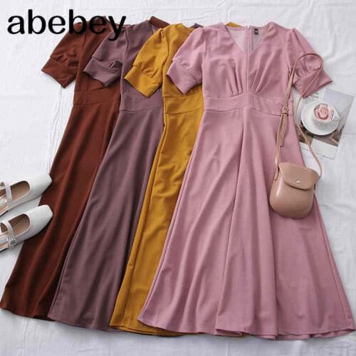 2021 New Summer Solid V-neck ruched Dress high waist slim Puff sleeve mid length Dress A-line Dress