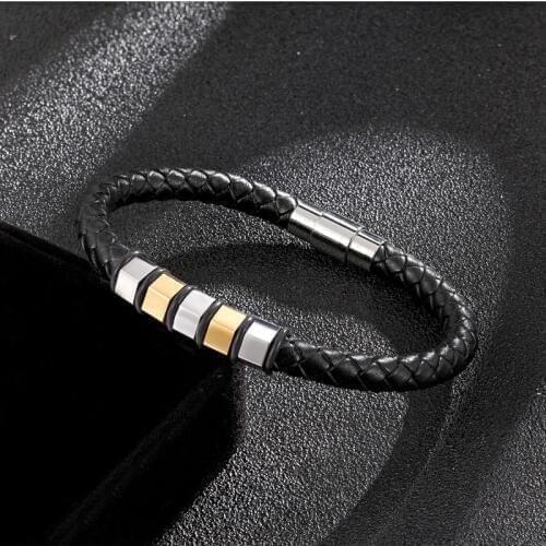 New Listing Black Leather Bracelet Mens Popular Jewelry Gold And steel Stainless Steel Bracelet Ladies Bracelet Gift Pulseira