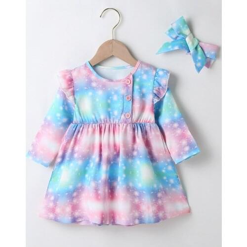 Autumn Winter 2021 New Girls Dress Long Sleeve Single Breasted Muti Tie-dye Print Starry Sky Cute Sweet Girls Baby Dresses 0-2T