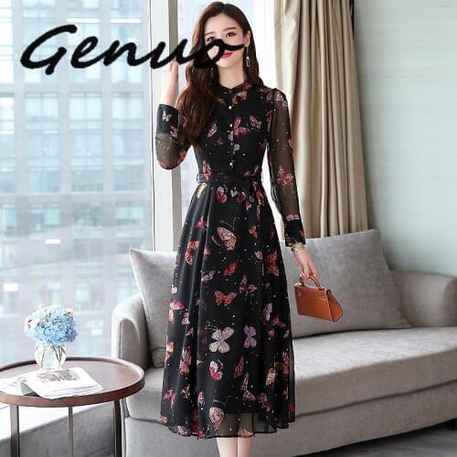 Autumn Winter New Vintage Floral Chiffon Midi Dress XL Plus Size Dresses Boho 2019 Elegant Women Party Long Sleeve Maxi Vestidos