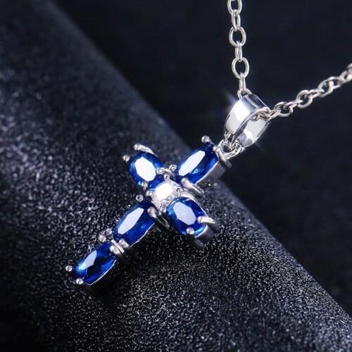 CAOSHI Inlay Blue Oval Stone Cross Pendant Necklace for Women Daily Collocation Couple Jewelry Date Gift Wholesale Hot Selling