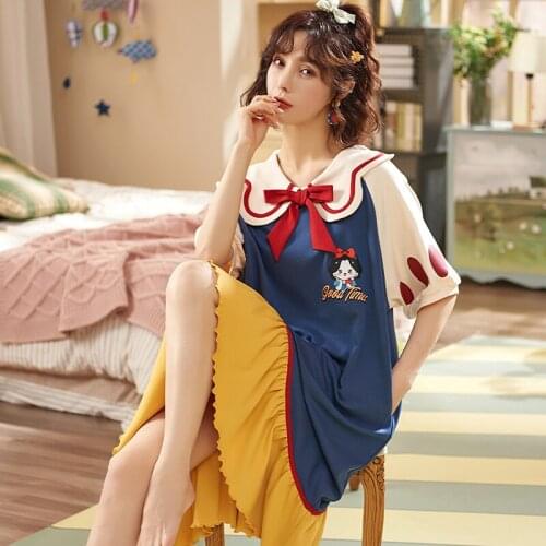 Disneys New Minnie Snow White Pajamas Womens Summer Cotton Nightdress Short-sleeved Cartoon Mid-length Ladies Home Service