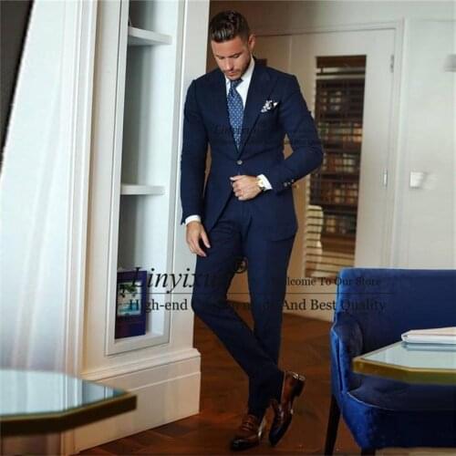 Romantic Slim Fitted Men Slim Fitted Suits Custom Groom Groomsman Tuxedos Business Party Dress Peaked Lapel (Jacket+Pants)
