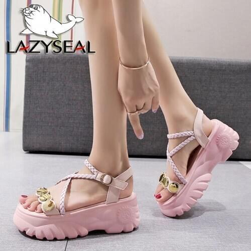LazySeal 7cm Wedge Heel 2020 Womens Sandals Platform Summer Bling Braided Rope Cross-tied Beach Sandal Chunky Sole Woman Shoes