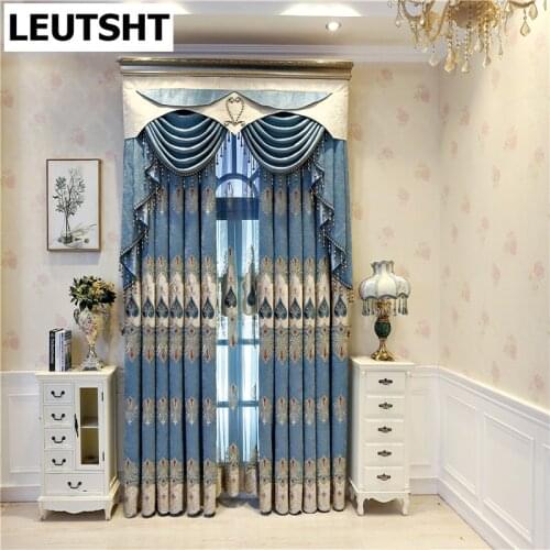 High Quality Blue European Style Embroidered Elegant Villa Bedroom Curtains with Luxurious Voile Curtain for Living Room Hotel