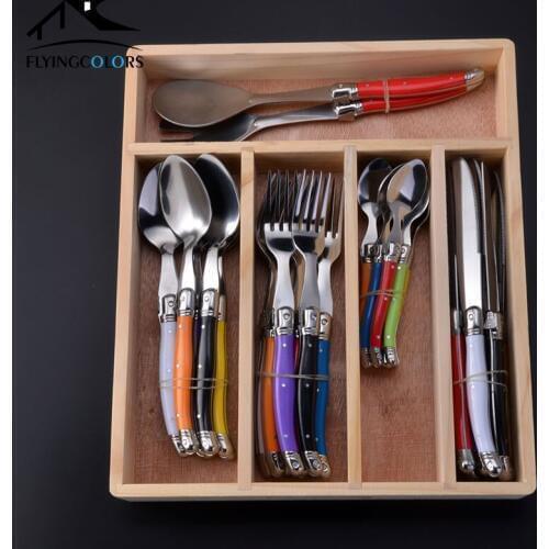 34Piece Stainless Steel Dinnerware Set Dinner Knives Forks Salad Dinnerspoon Coffee Soup Tpoon w/Multicolor Handles in box