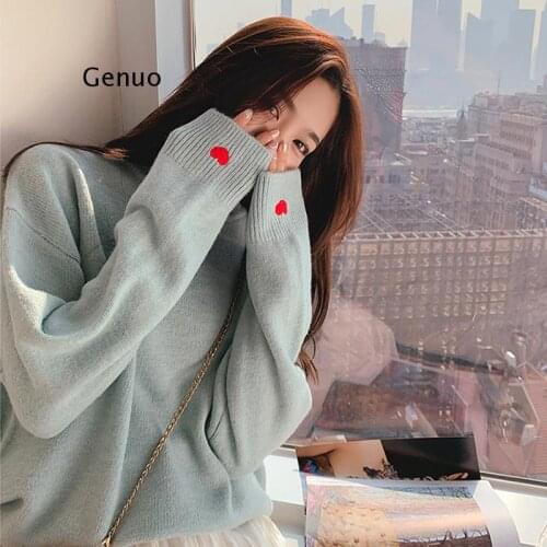 Embroidery Heart sweater women Solid Pullovers O-Neck Knitted winter clothes women harajuku shirt oversized sweater korean top