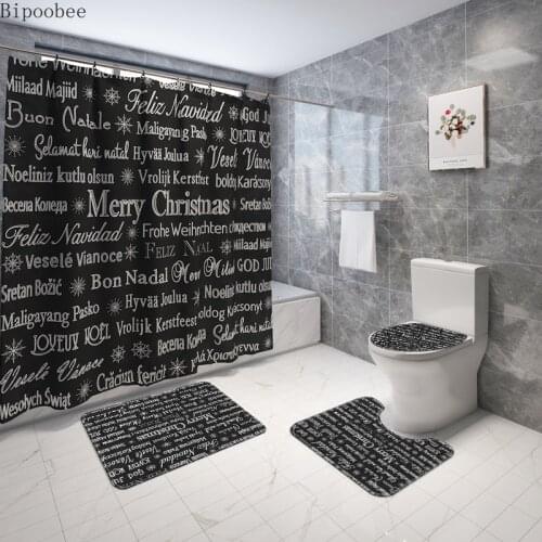 Creative Black Merry Christmas Bathroom Set Toilet Seat Cover Shower Curtain and Rug Sets Text Print Bath Mat Holiday Decor
