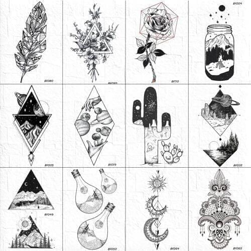VANKIRS Geometric Cactus Temporary Tattoo Stickers Women Black Geometric Universe Tatoos Fake Men Peak Body Arm Art Tattoo Paste