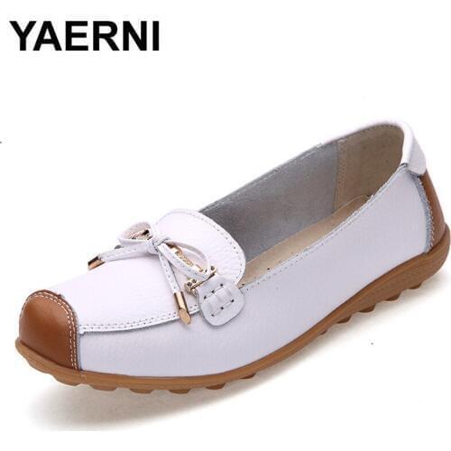 YAERNI Genuine Leather Flat Shoes Sweet Patchwork Butterfly-knot Slip-On Nurse Peas Loafers Shoes Female Flats Moccasins
