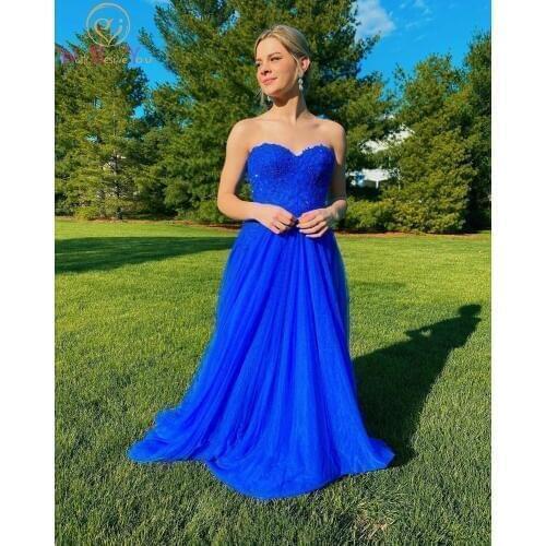 Royal Blue Evening Dresses 2020 Lace Applique Beaded Tulle A Line Plus Size Sweetheart Strapless Prom Gown Vestidos Formales