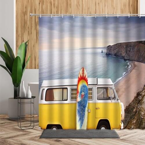 Coastal Scenery Shower Curtain Yellow Camper Car Colored Surfboard Sea Beach Camping Theme Hanging Cloth Bathroom Curtains Decor