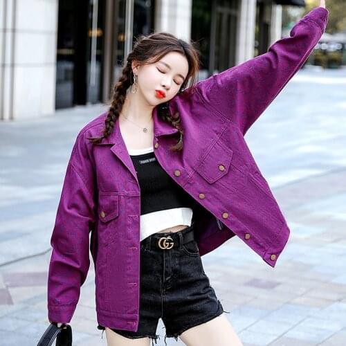 Purple Printed Casual Denim Jacket 2021 Autumn New Womens Loose Fashion Fried Street Top Trend