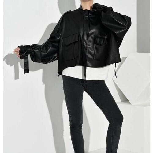 Leather Jacket Womens Short 2020 Spring Korean Design Sense Drawstring Strap Handsome Black Leather Short Coat