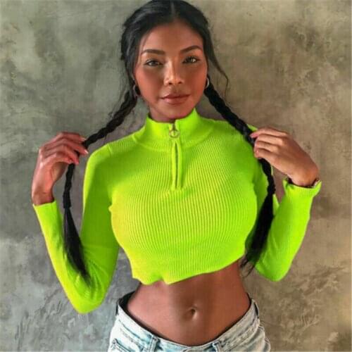Fashion Womens Zipper Cropped Navel Long Sleeve Solid Color Sexy Slim Knitted T Shirt Sexy Crop Top