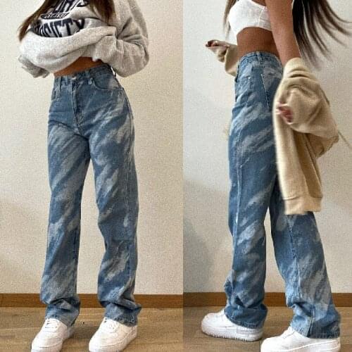 Women High Waist Jean Trousers 2021 Autumn Casual Straight Pants Female Vintage Wide Leg Blue Denim Pants Streetwear