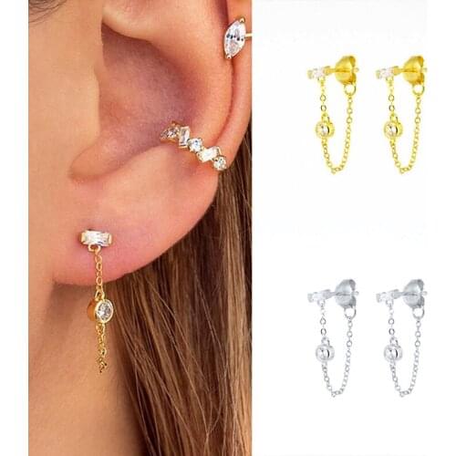 Korean Chain Link Stud Earrings For Women 925 Sterling Silver Ear Needle Geometric CZ Tassel Piercing Earrings Jewelry