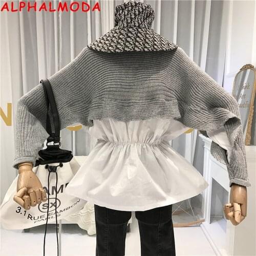 ALPHALMODA Autumn 2019 Shirt Sweaters Pullovers Bat-sleeved Stretchy Waist Women Fashion Patchwork Jumpers Autumn Casual Top