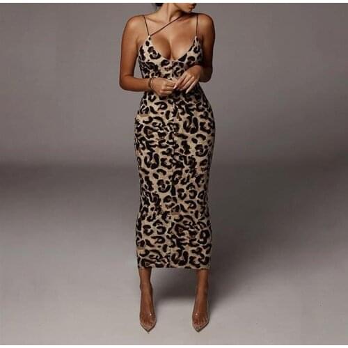 2021 Leopard Print Sleeveless Halter V-Neck Sexy Midi Dress Women Fashion Bodycon Dresses Slit Over-Knee Sling Dress For Party