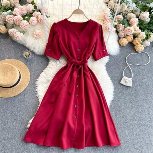 Teeuiear Vintage slim spring V Neck button Dress Summer bandage midi Party dress vestido de festa Women knee length Dress