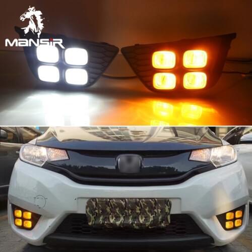12V LED Daytime Running Light For Honda Jazz Fit 2014 2015 2016 2017 Yellow Turn Signal Car Headlight DRL Fog Lamp Daylights