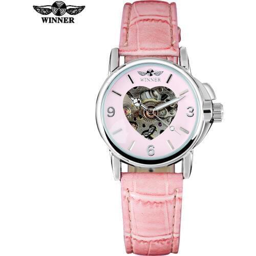2016 WINNER china brand women watch fashion automatic self wind watch skeleton dials transparent glass silver case leather band
