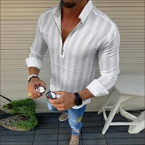 2020 Fashion Striped Shirts Men Long Sleeve Zippers Turn-down Collar Streetwear Fitness Outerwear Chic Mens Shirt M-3XL