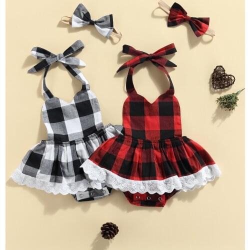 2021 Fashion SummerBaby Girls Tie-up Lace Trim Plaid Halter Clothes Romper + Headband Party 2Pcs Newborn Christmas Outfits