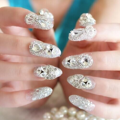 2020 24pcs/set 3D False Nails Crystal Rhinestone Glitter Tips Bridal Nail Women Wedding Z008