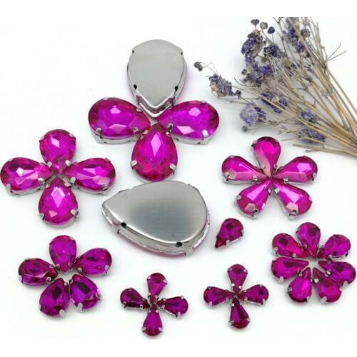 35pcs 8Sizes ! MIX Rose red DR shape Crystal Glass Sew-on Rhinestones Silver Bottom DIY Mobile phone shell and Wedding dress