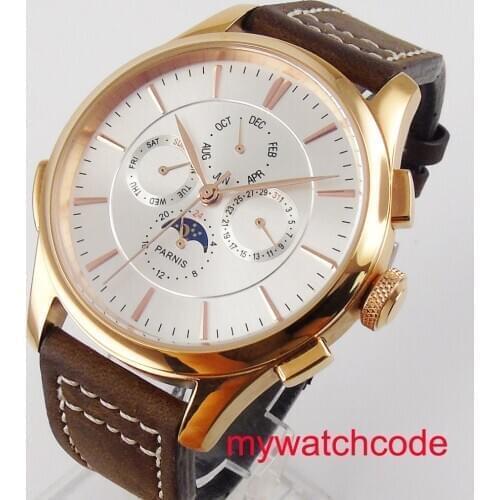 44mm Parnis white dial rose gold case multifunction date year display automatic movement mens watch