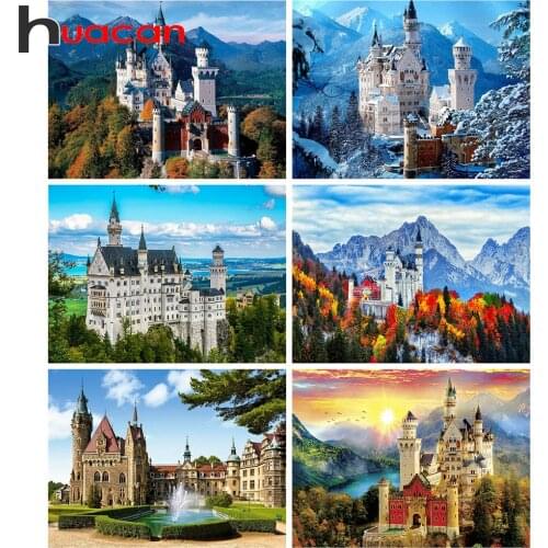 Huacan 5d Diamond Embroidery Cross Stitch Castle Mountain Diamond Art Paintings Mosaic Autumn Winter Landscape Needlework