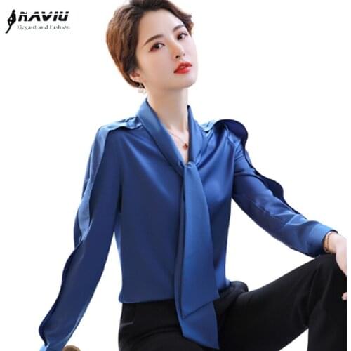 High End Blue Satin Shirt Women Design New Spring Fashion Temperament Streamer Formal Blouses Office Ladies Work Tops