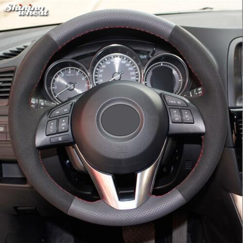 Shining wheat Black Leather Suede Steering Wheel Cover for Mazda 3 Axela 2013-2016 Mazda 6 Mazda 2 2015-2017 Atenza 2014-2017