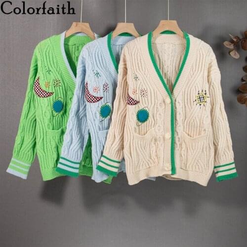 Colorfaith New 2021 Womens Autumn Winter Sweaters Elegant Embroidery Cardigans Fashionable Vintage Knitted Lady Tops SWC3022JX